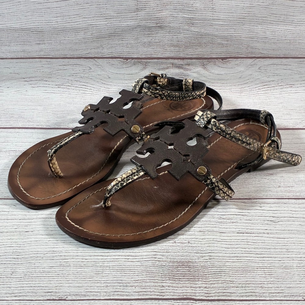 Tory Burch Sandals Womens 7.5 Brown Leather Snakeskin Thong Ankle Strap Logo